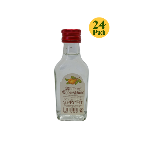 Miniature bottle of Williams Christ Birne with a red cap on a white background